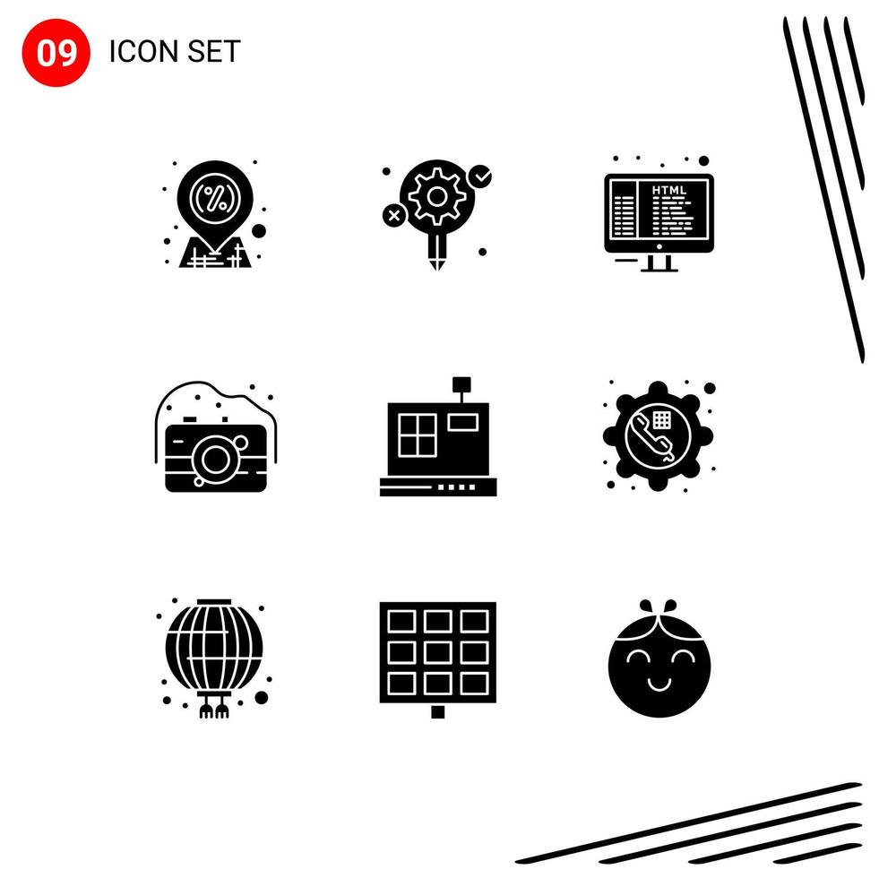 9 Thematic Vector Solid Glyphs and Editable Symbols of commerce photography code photo camera Editable Vector Design Elements