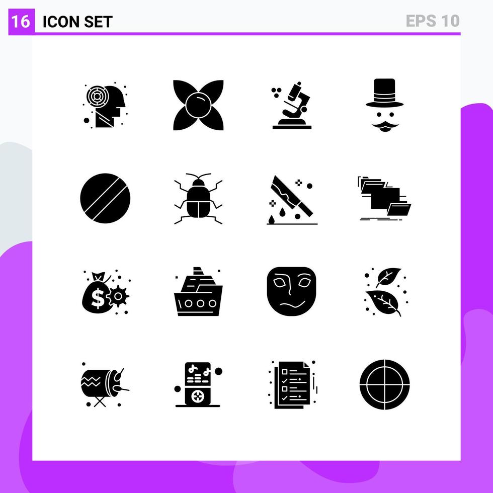 Universal Icon Symbols Group of 16 Modern Solid Glyphs of biology blade microscope men movember Editable Vector Design Elements