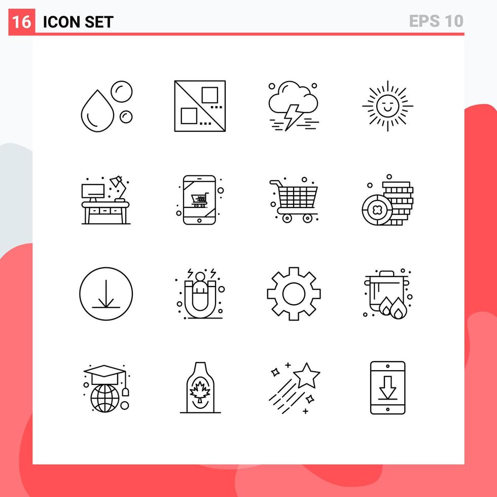 Universal Icon Symbols Group of 16 Modern Outlines of office home cloud sun beach Editable Vector Design Elements