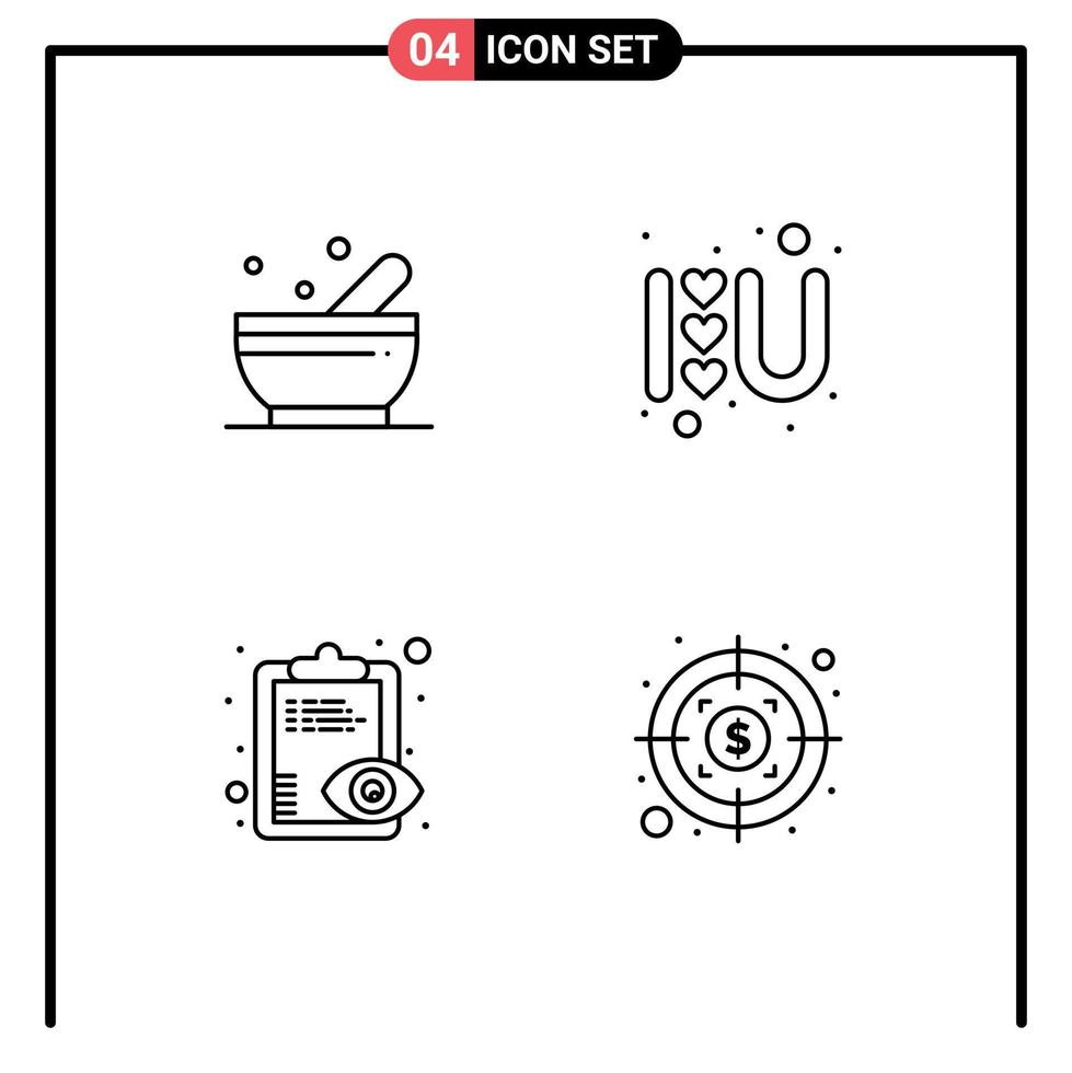 Set of 4 Modern UI Icons Symbols Signs for bowl view heart love sign dollar Editable Vector Design Elements
