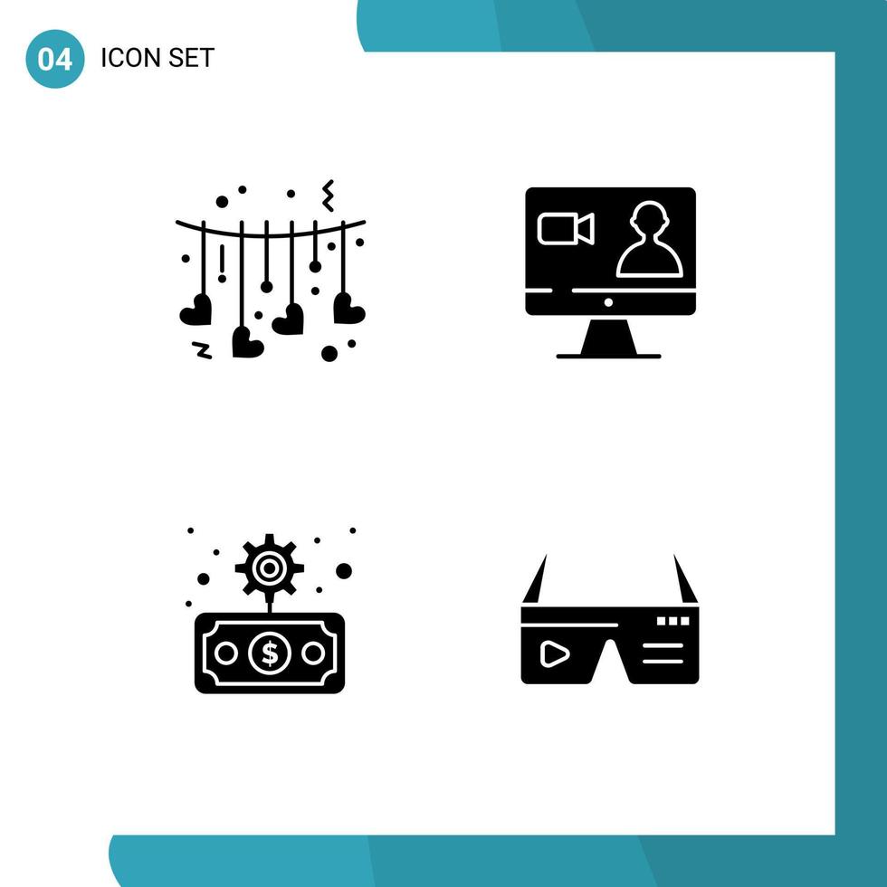 conjunto moderno de 4 glifos y símbolos sólidos, como economía colgante, transferencia de internet de san valentín, elementos de diseño vectorial editables vector