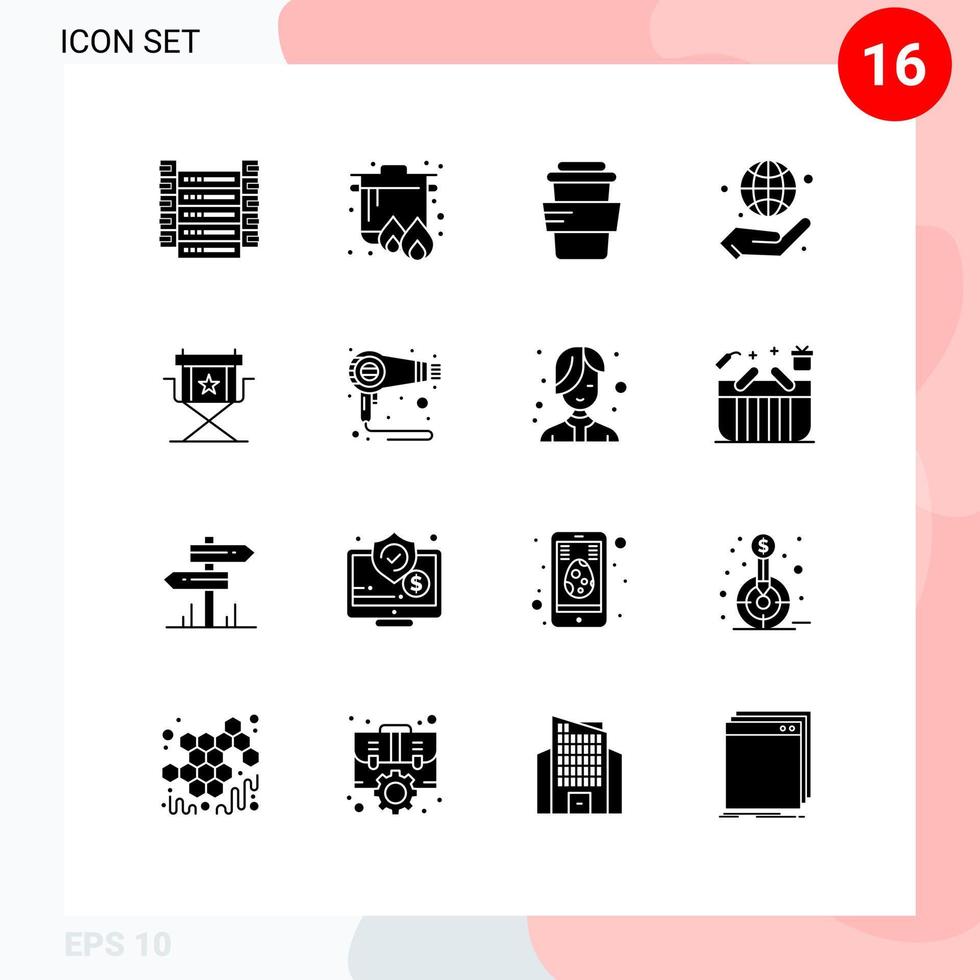 conjunto moderno de 16 pictogramas de glifos sólidos de películas silla gestión de vidrio globo elementos de diseño vectorial editables vector