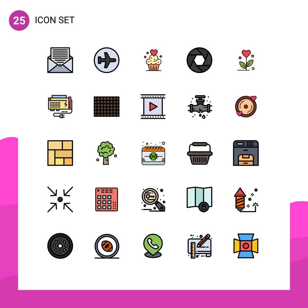 Pack of 25 Modern Filled line Flat Colors Signs and Symbols for Web Print Media such as focus aperture flying sweets muffins Editable Vector Design Elements