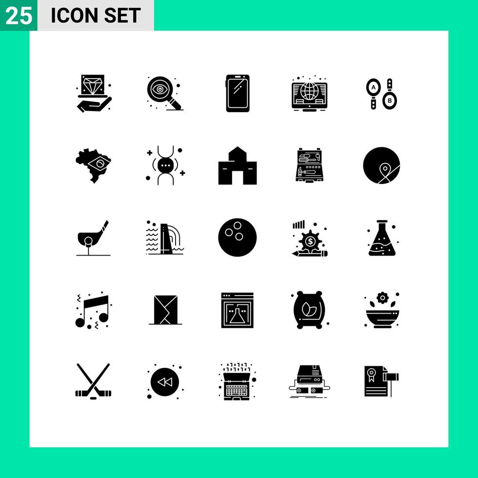 paquete de 25 signos y símbolos modernos de glifos sólidos para medios de impresión web, como elementos de diseño de vectores editables globales de Samsung para teléfonos de inversión en investigación