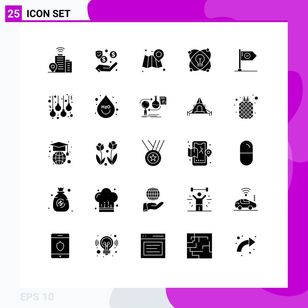 25 User Interface Solid Glyph Pack of modern Signs and Symbols of flag achieve location success light Editable Vector Design Elements