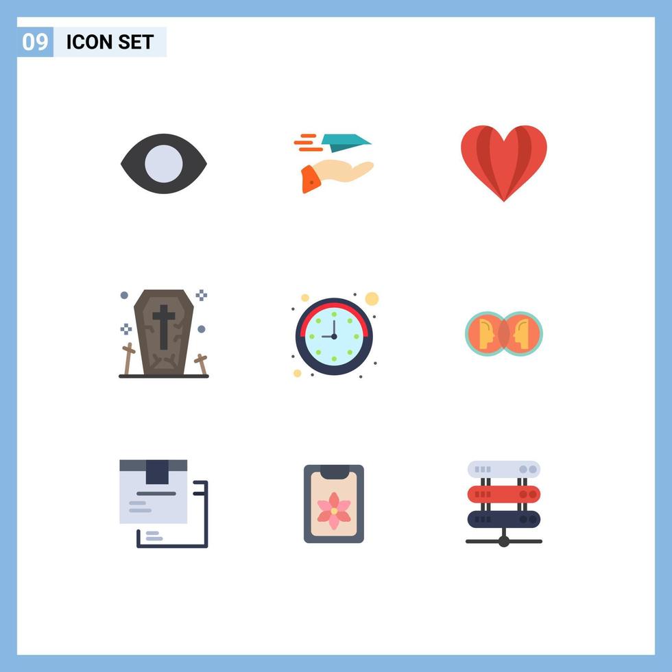 Pack of 9 Modern Flat Colors Signs and Symbols for Web Print Media such as clock ghost receive death like Editable Vector Design Elements