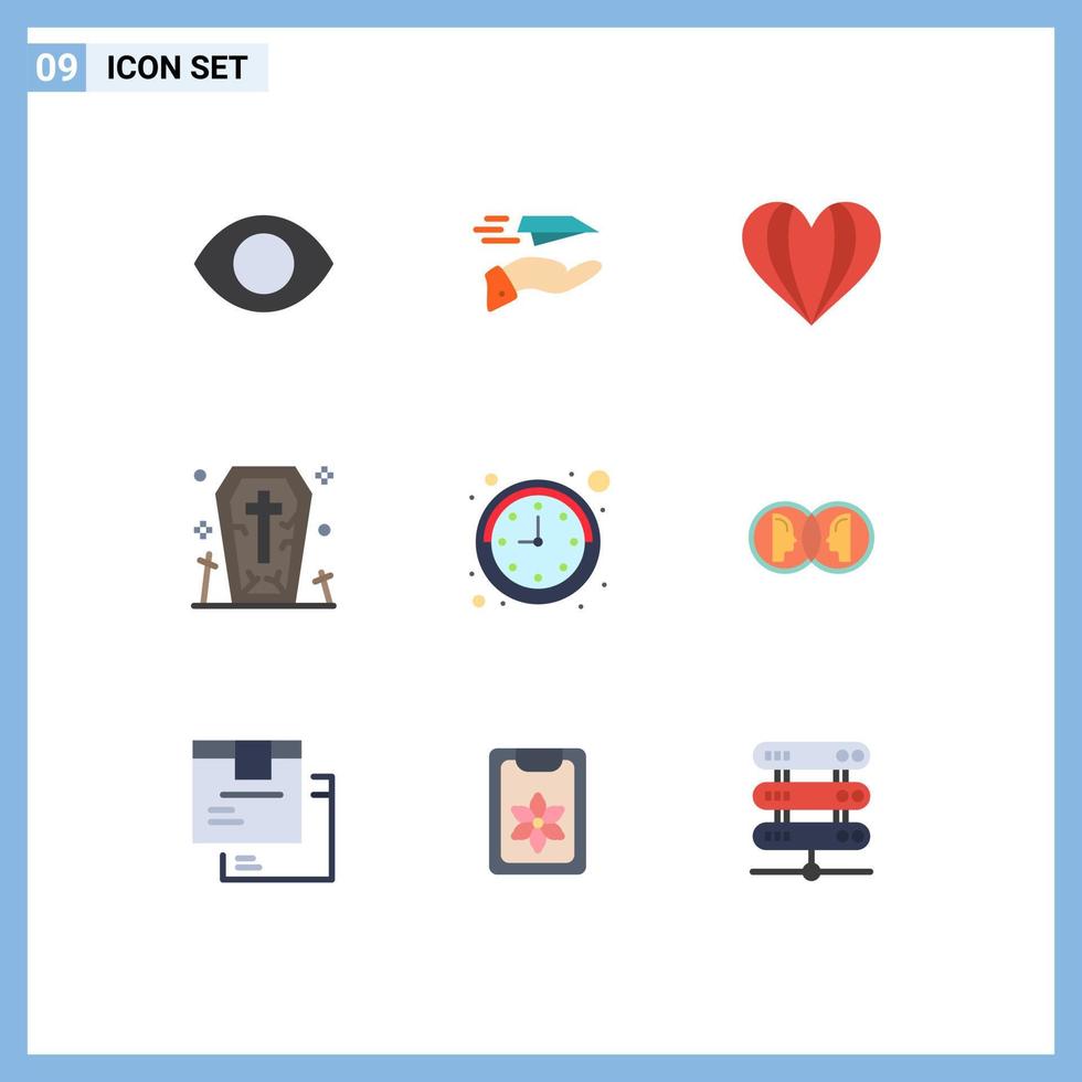 paquete de 9 signos y símbolos de colores planos modernos para medios de impresión web, como el fantasma del reloj, recibe la muerte como elementos de diseño de vectores editables