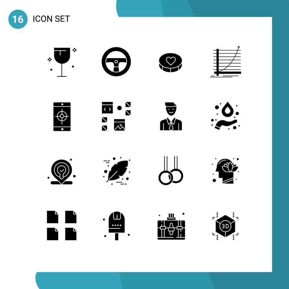 conjunto de pictogramas de 16 glifos sólidos simples de elementos de diseño de vector editables de gráfico de experiencia de corazón de objetivo móvil