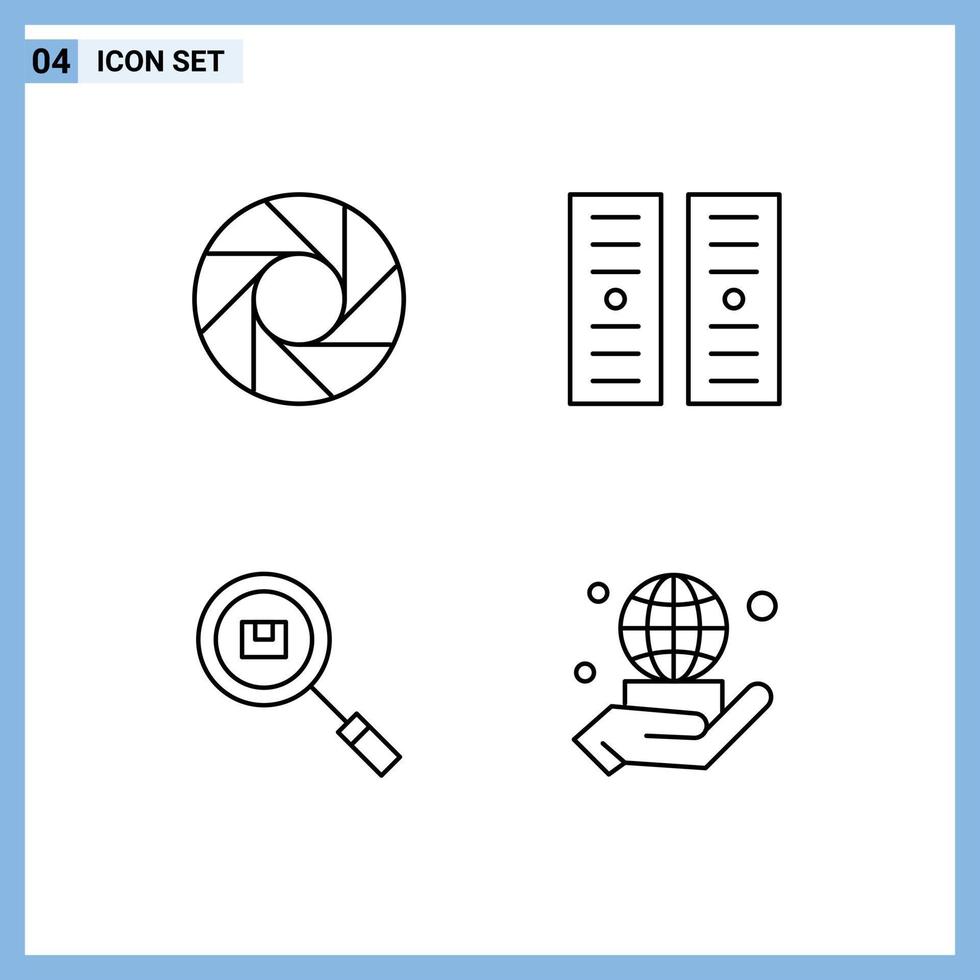 Set of 4 Modern UI Icons Symbols Signs for camera product data center box hand Editable Vector Design Elements