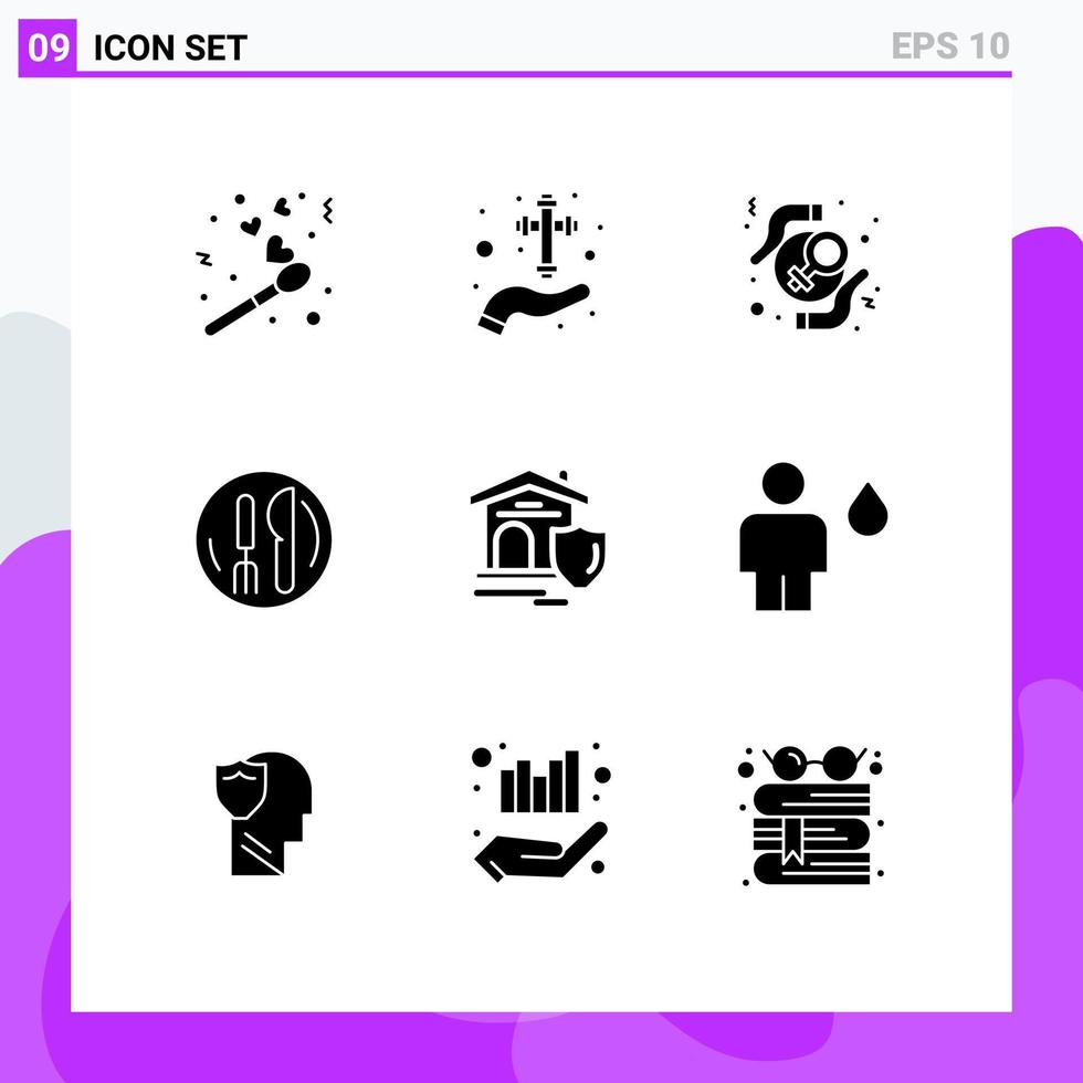 Solid Glyph Pack of 9 Universal Symbols of plate service cross hotel rights Editable Vector Design Elements