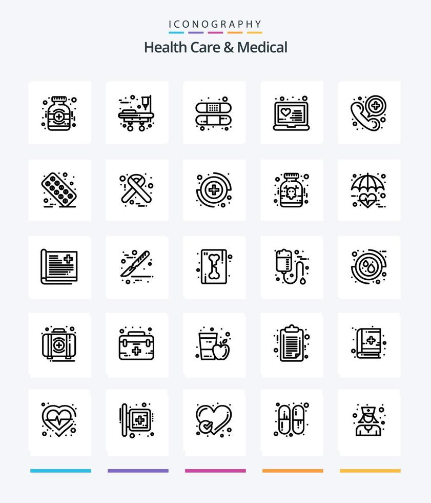 cuidado de la salud creativo y paquete de iconos de contorno médico 25, como médico. llamada. banda. tratamiento. médico vector