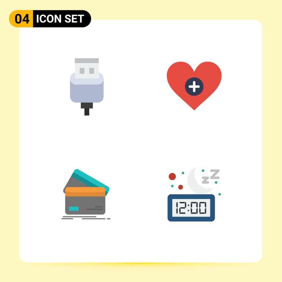 Set of 4 Commercial Flat Icons pack for cable business usb heart credit card Editable Vector Design Elements