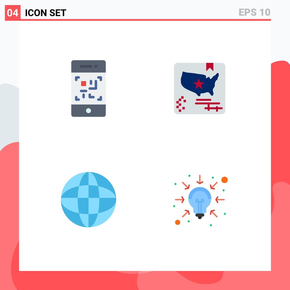 Group of 4 Flat Icons Signs and Symbols for barcode globe technology map business Editable Vector Design Elements
