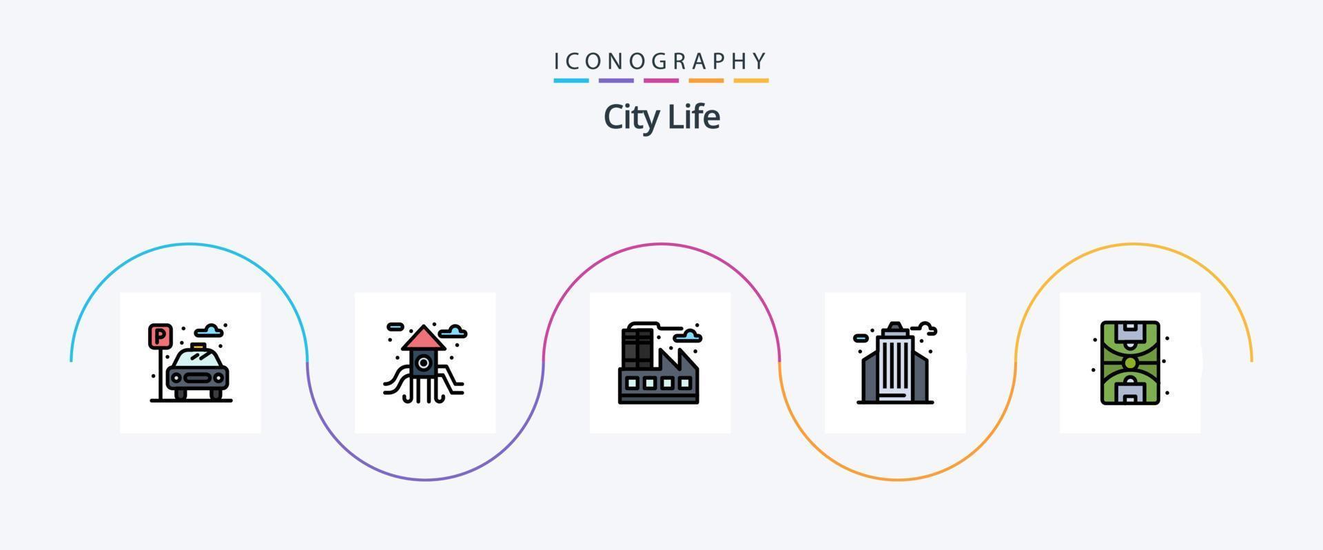 City Life Line Filled Flat 5 Icon Pack Including . life. life. city. building vector