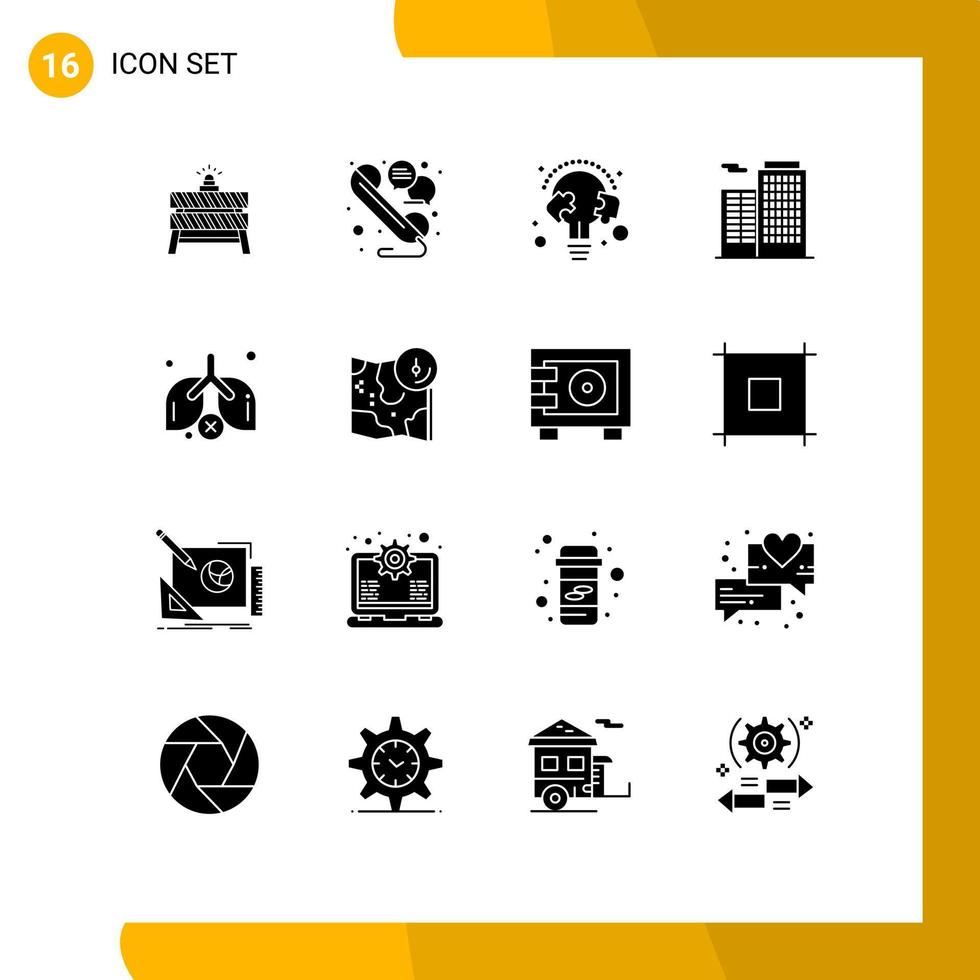 User Interface Pack of 16 Basic Solid Glyphs of lungs building telephone apartment puzzle Editable Vector Design Elements