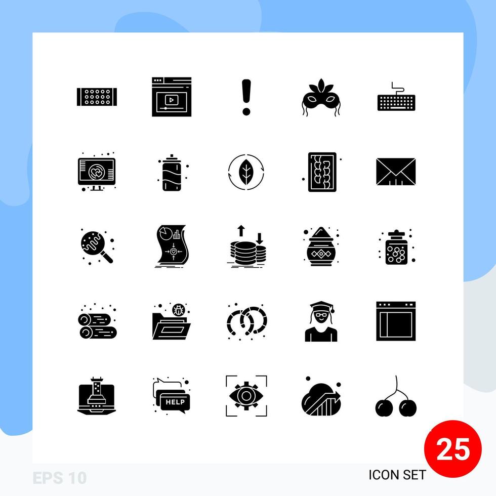 Group of 25 Solid Glyphs Signs and Symbols for keyboard mardigras alert venetian mask Editable Vector Design Elements