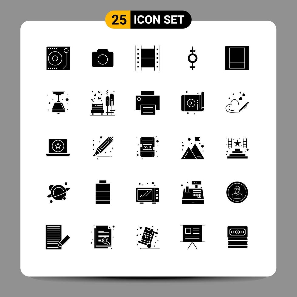 User Interface Pack of 25 Basic Solid Glyphs of toggle light film ribbon gender Editable Vector Design Elements