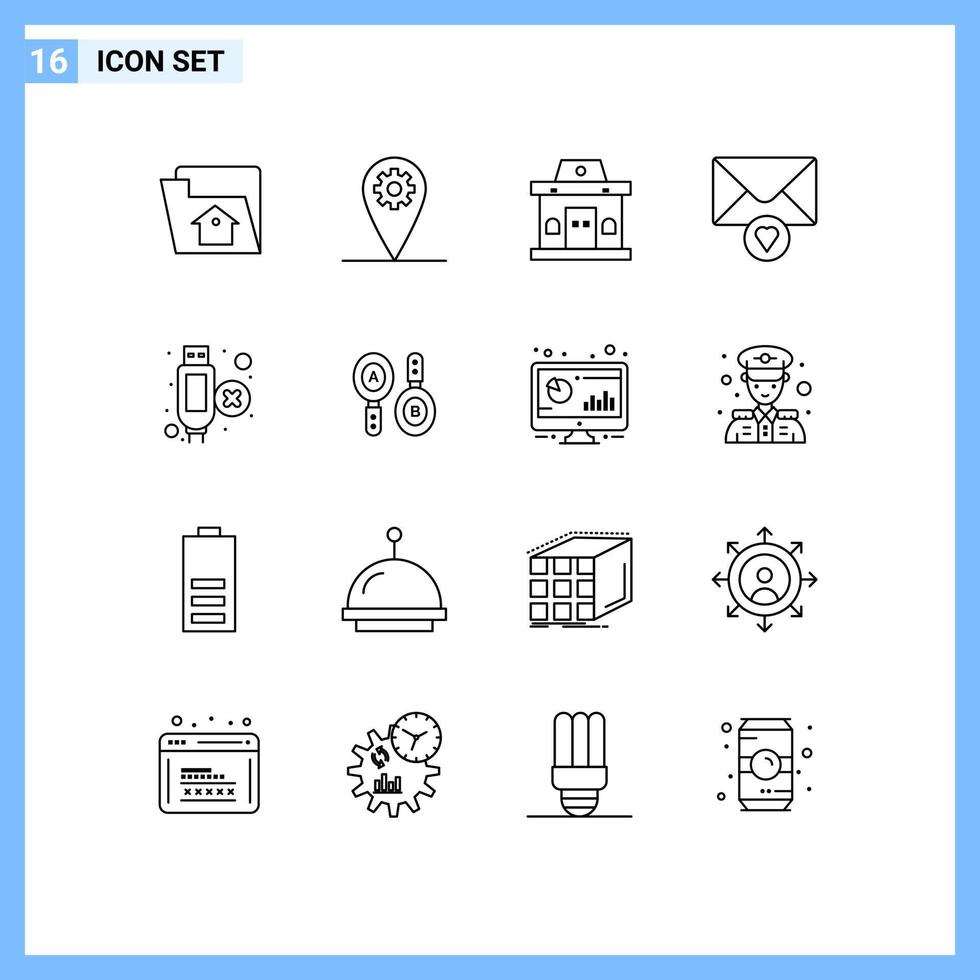 Group of 16 Modern Outlines Set for research extension office cable message Editable Vector Design Elements