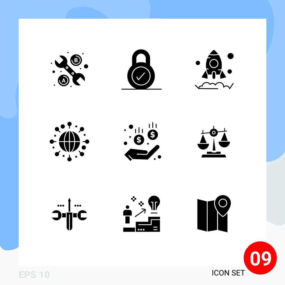 Set of 9 Commercial Solid Glyphs pack for judge balance rocket money medical Editable Vector Design Elements