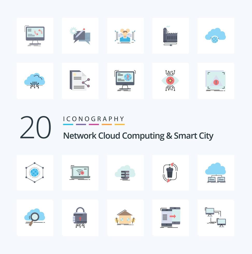 20 Network Cloud Computing And Smart City Flat Color icon Pack like garbage waste lost flow computing vector