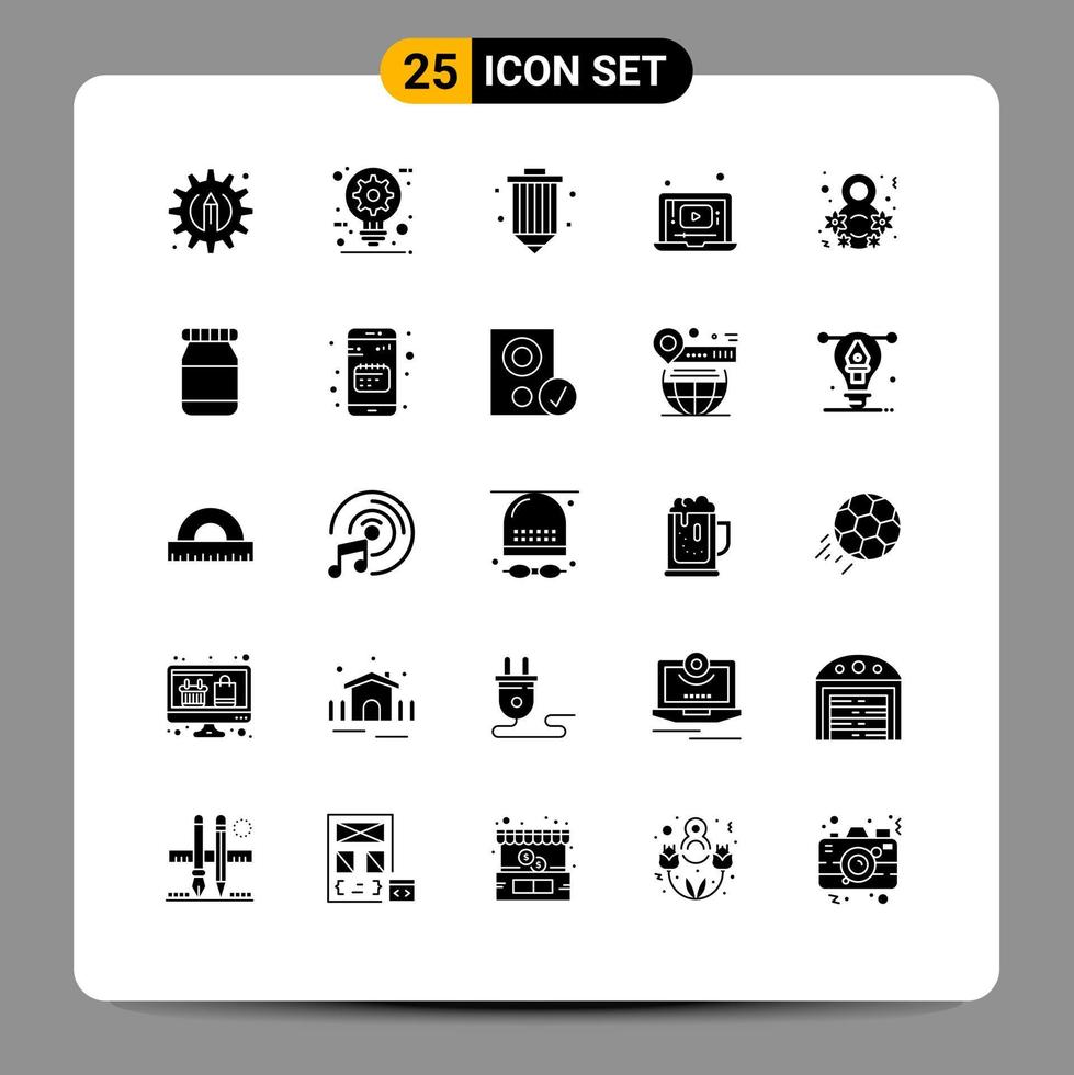 Modern Set of 25 Solid Glyphs and symbols such as day player coding video programing Editable Vector Design Elements