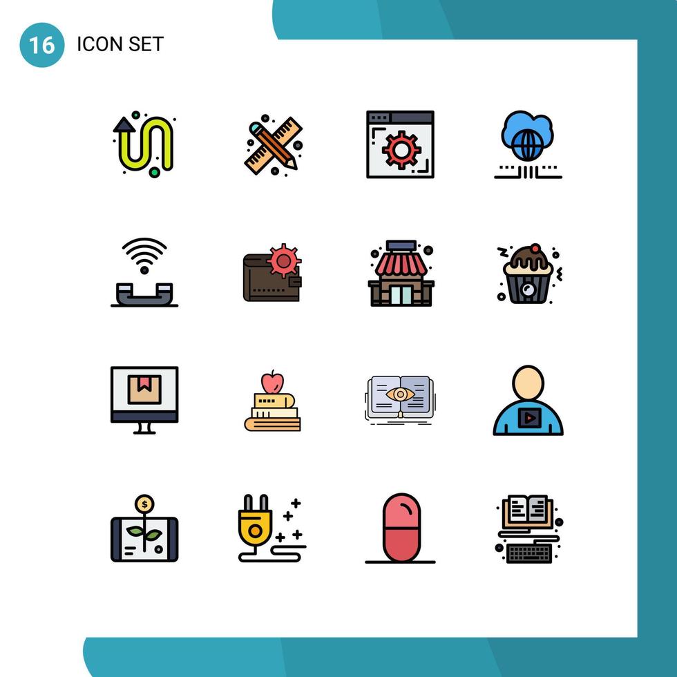 Set of 16 Commercial Flat Color Filled Lines pack for help cloud browser network world Editable Creative Vector Design Elements