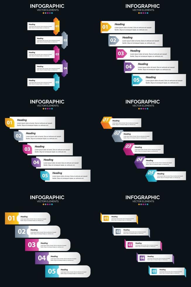 plantilla de diapositiva de presentación del paquete de infografías vectoriales 6 diagramas de ciclo de 5 pasos y líneas de tiempo vector