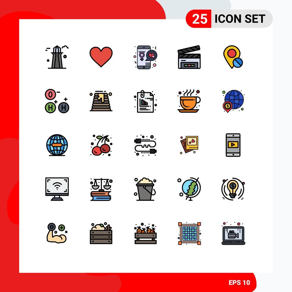 Universal Icon Symbols Group of 25 Modern Filled line Flat Colors of film flap clapper report clapboard lover Editable Vector Design Elements