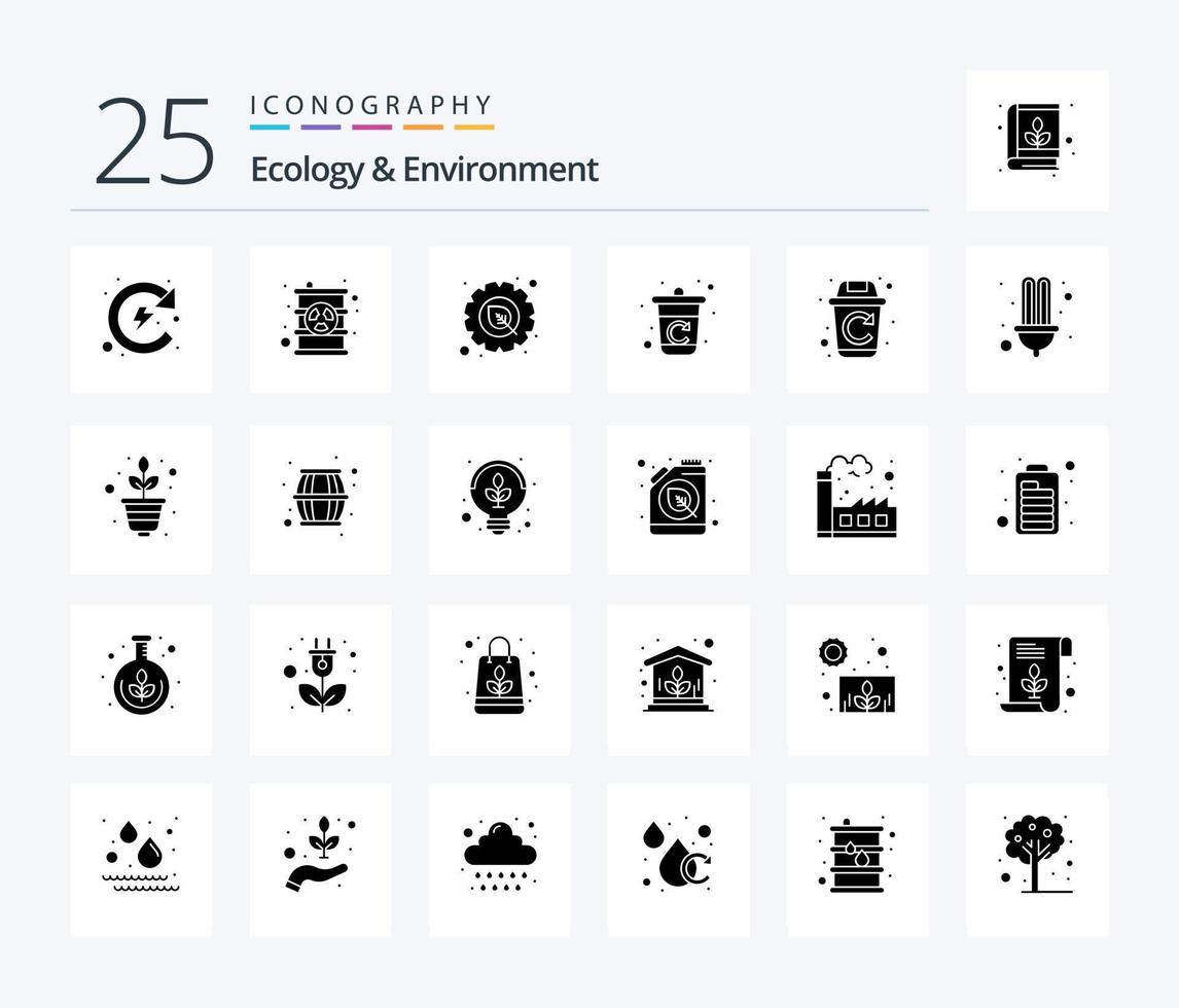 Ecology And Environment 25 Solid Glyph icon pack including energy. trash. environment. remove. garbage vector