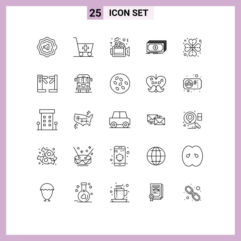 Universal Icon Symbols Group of 25 Modern Lines of access rose cash heart rose money Editable Vector Design Elements