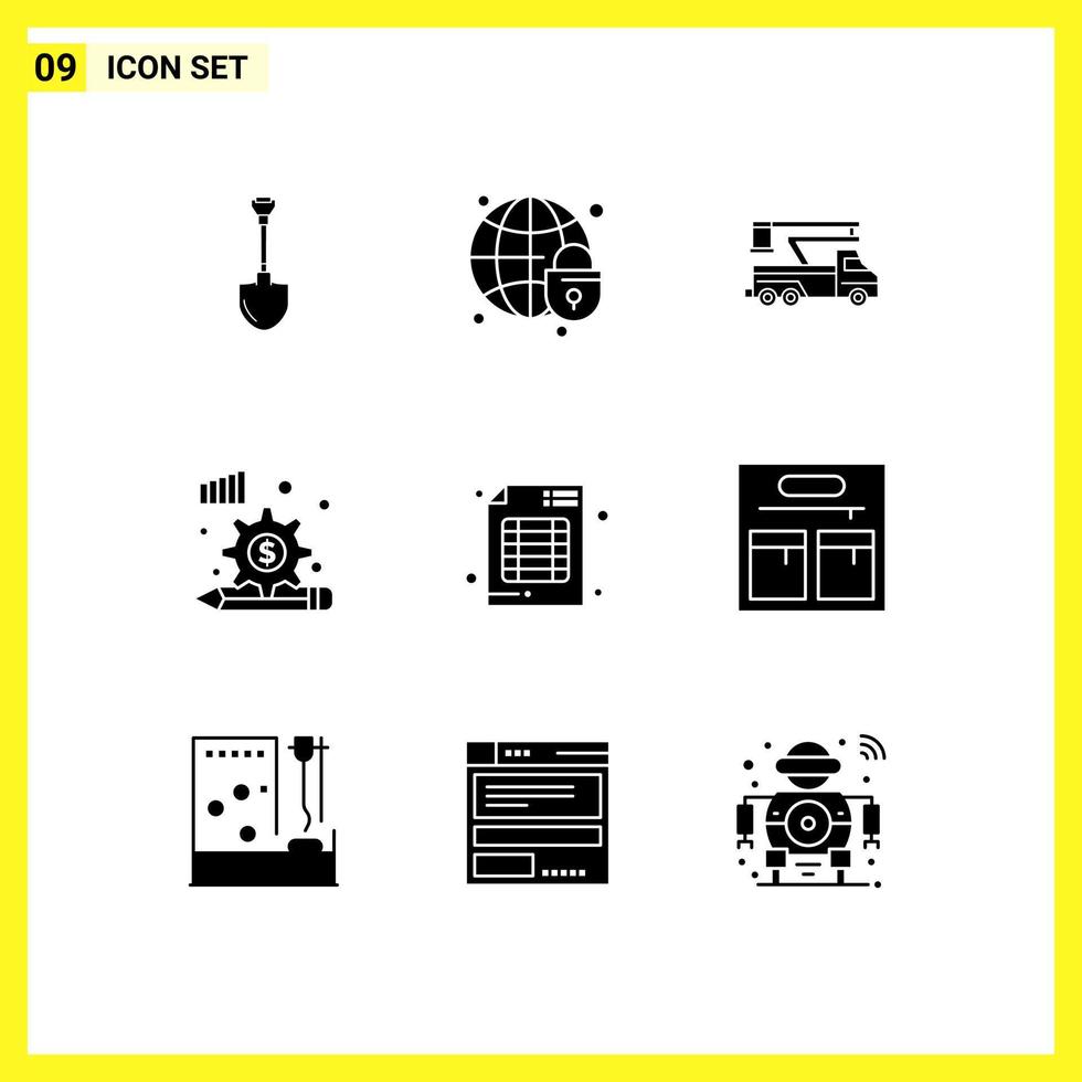 Set of 9 Commercial Solid Glyphs pack for gear diagram globe analysis process lifting Editable Vector Design Elements