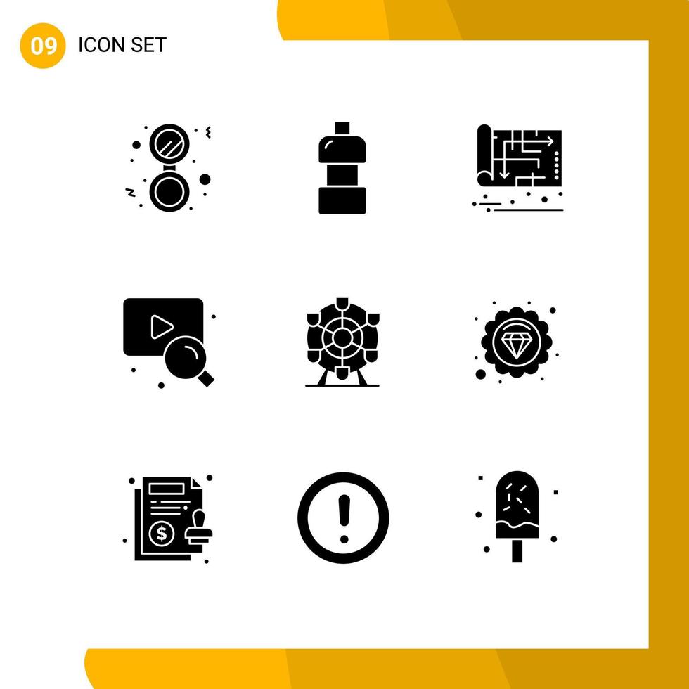 Pack of 9 Modern Solid Glyphs Signs and Symbols for Web Print Media such as wheel ferris home search web Editable Vector Design Elements