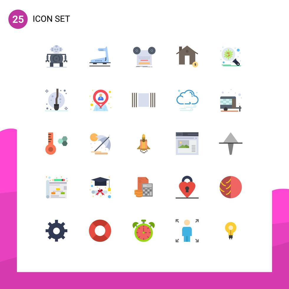 Mobile Interface Flat Color Set of 25 Pictograms of bacteria estate recording dollar buildings Editable Vector Design Elements