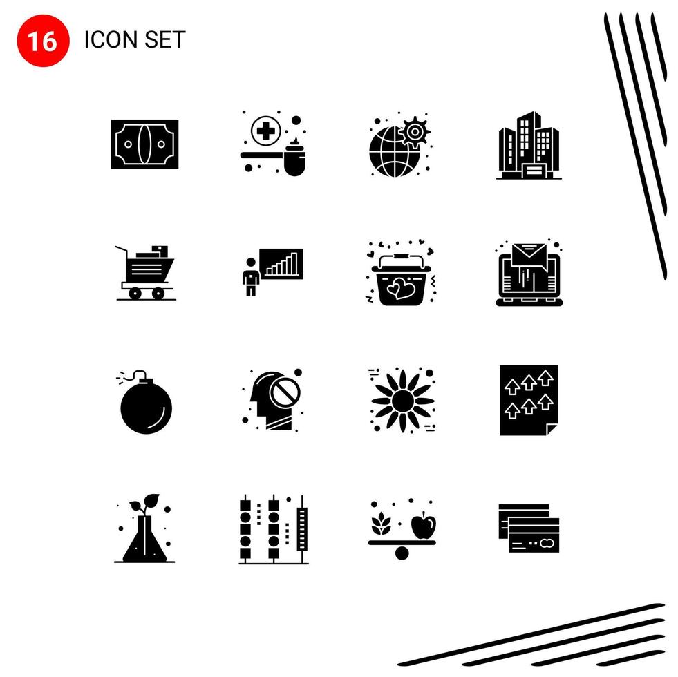 Group of 16 Solid Glyphs Signs and Symbols for cart building scoop apartment settings Editable Vector Design Elements