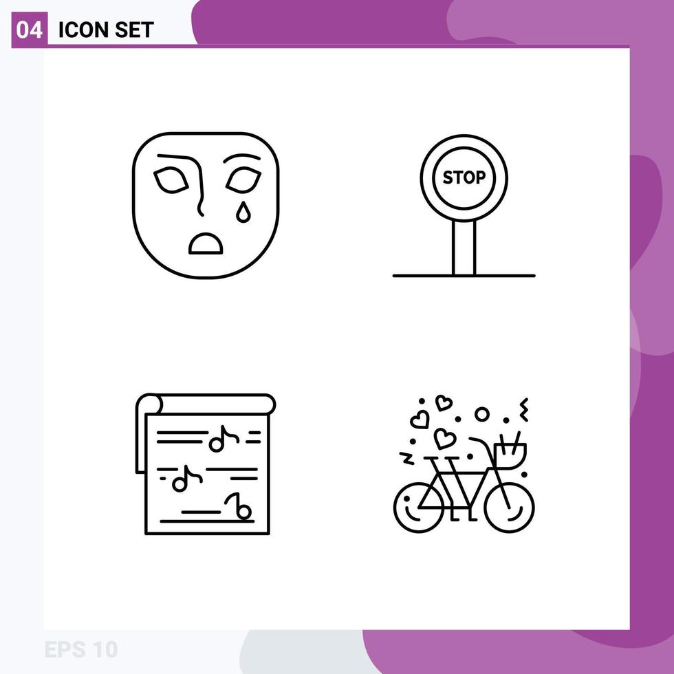 Pictogram Set of 4 Simple Filledline Flat Colors of emotion music sad journey video Editable Vector Design Elements