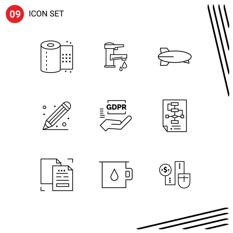 Set of 9 Vector Outlines on Grid for pencil ruler faucet education transportation Editable Vector Design Elements