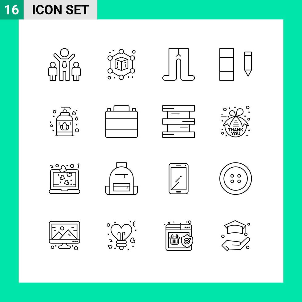 Pack of 16 Modern Outlines Signs and Symbols for Web Print Media such as clothes shop case column accessories liquid soap Editable Vector Design Elements