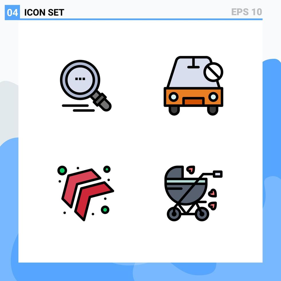 grupo de 4 colores planos de línea de relleno modernos establecidos para buscar elementos de diseño de vectores editables del coche fuera del carro de bebé