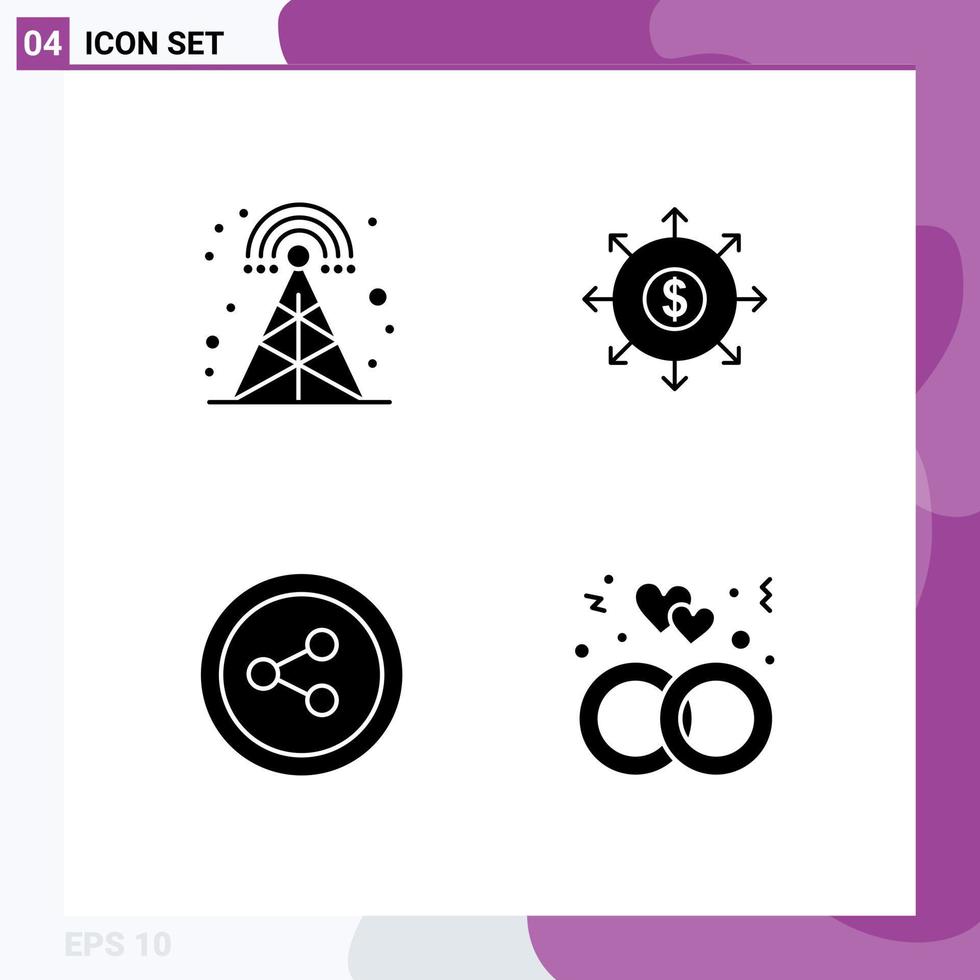 Universal Icon Symbols Group of 4 Modern Solid Glyphs of broadcasting social media tower list love Editable Vector Design Elements