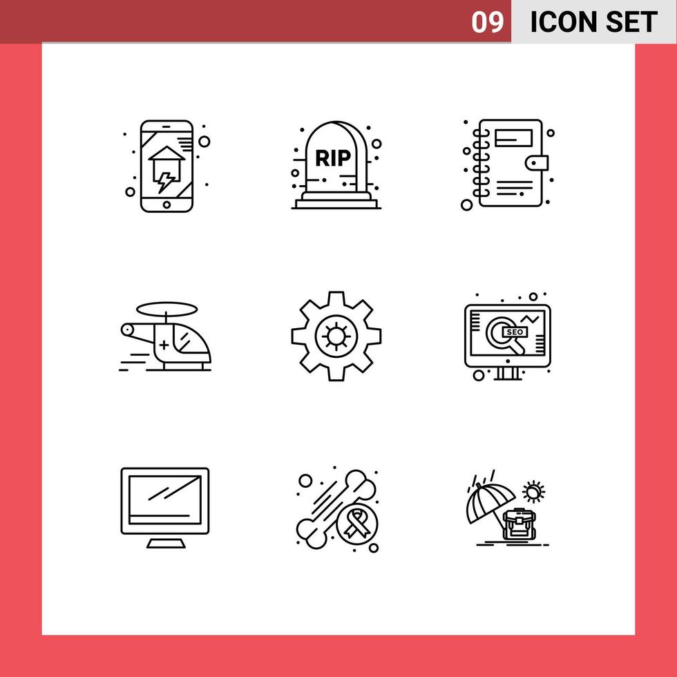 paquete de 9 signos y símbolos de contornos modernos para medios de impresión web, como la configuración de elementos de diseño de vectores editables de helicóptero de ambulancia de libro de aire