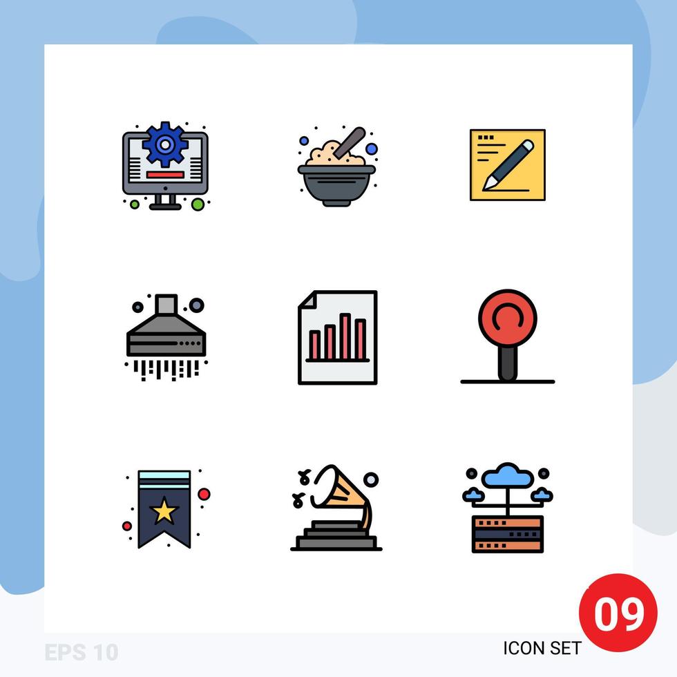 Mobile Interface Filledline Flat Color Set of 9 Pictograms of record document browser kitchen extractor Editable Vector Design Elements