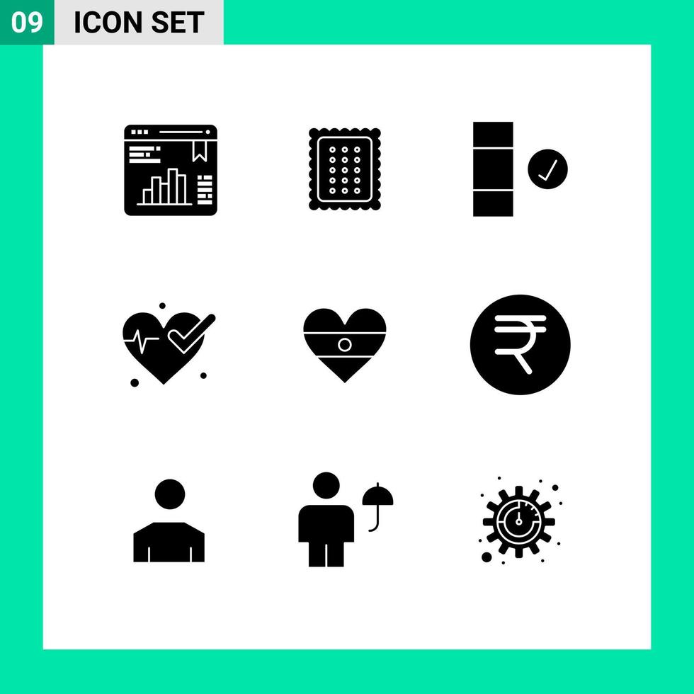 Group of 9 Modern Solid Glyphs Set for heart indian meal beat medical Editable Vector Design Elements