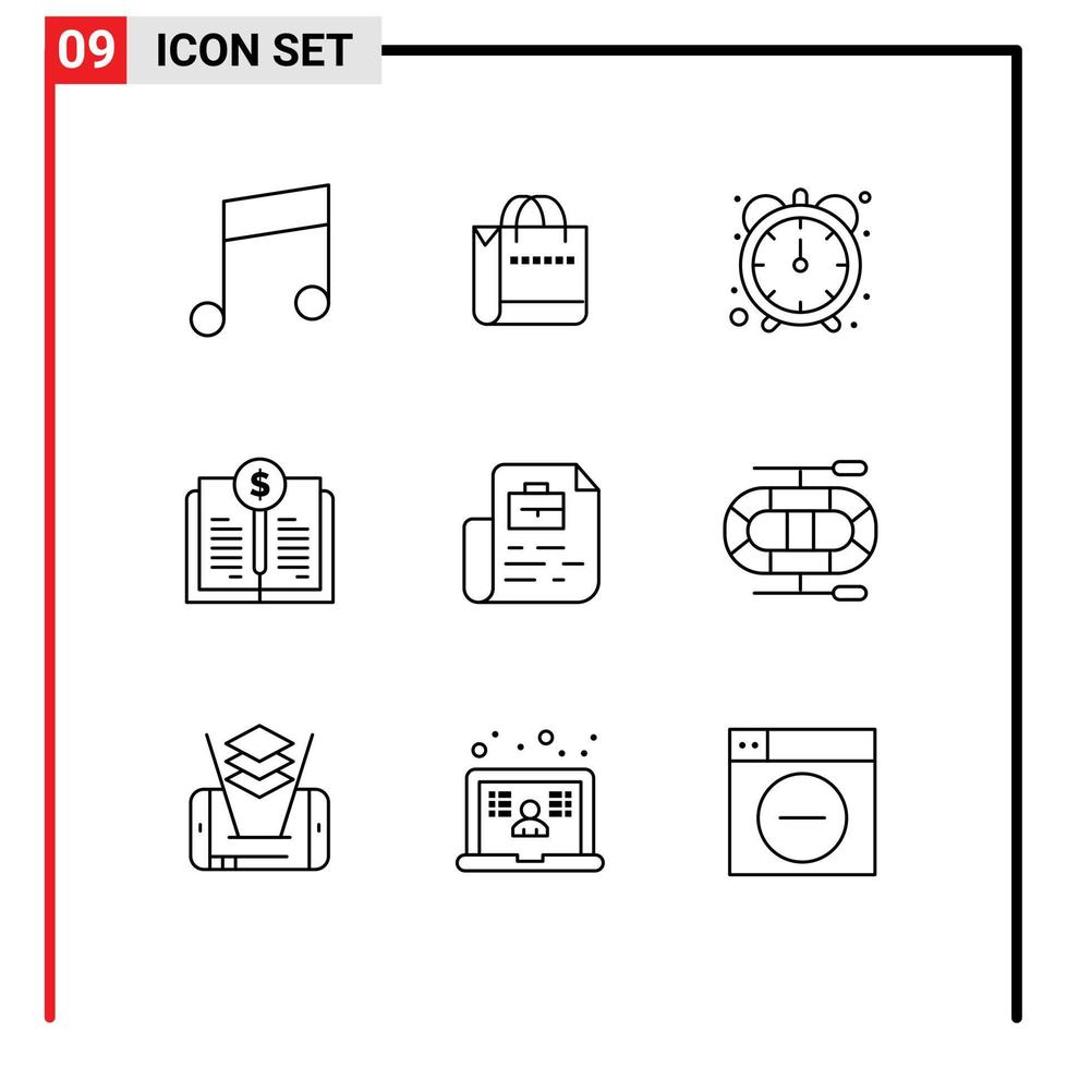 Group of 9 Outlines Signs and Symbols for bag job productivity document investing Editable Vector Design Elements