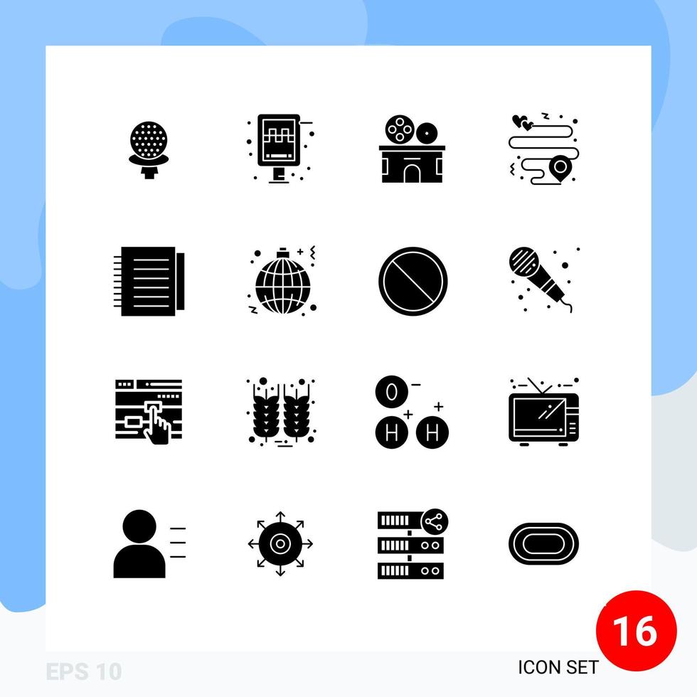 Set of 16 Modern UI Icons Symbols Signs for office note cinema pin heart Editable Vector Design Elements
