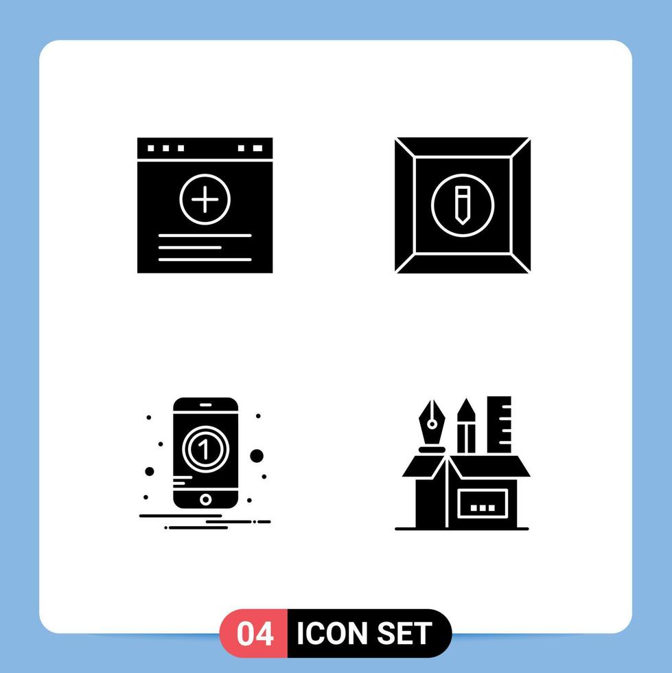 Set of 4 Vector Solid Glyphs on Grid for browser mobile box notification pen Editable Vector Design Elements