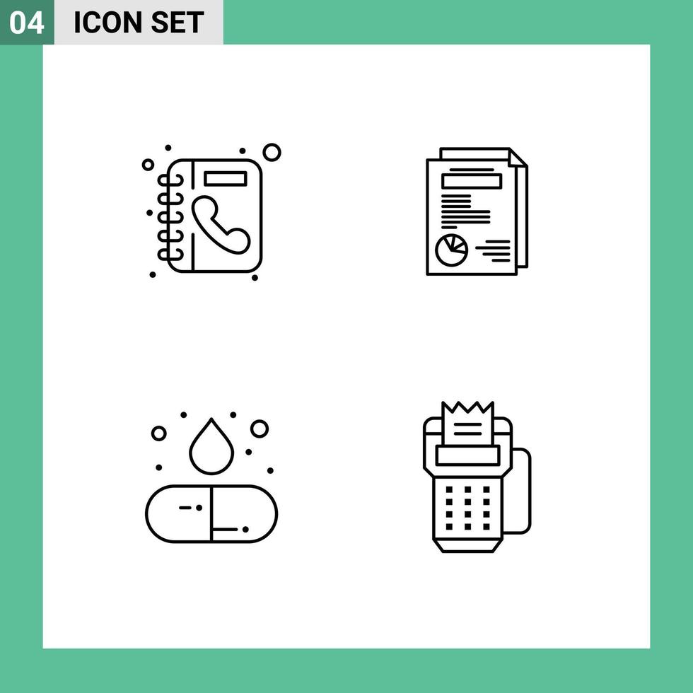 4 User Interface Line Pack of modern Signs and Symbols of book drug phone book report medicine Editable Vector Design Elements
