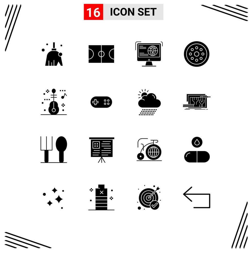Set of 16 Commercial Solid Glyphs pack for guitar safety content protection lock Editable Vector Design Elements