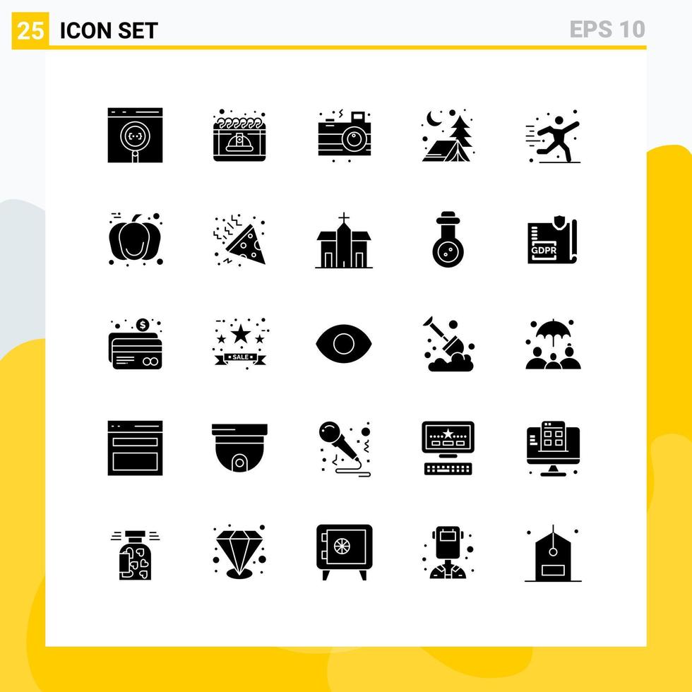 User Interface Pack of 25 Basic Solid Glyphs of hobbies camp may adventure night Editable Vector Design Elements