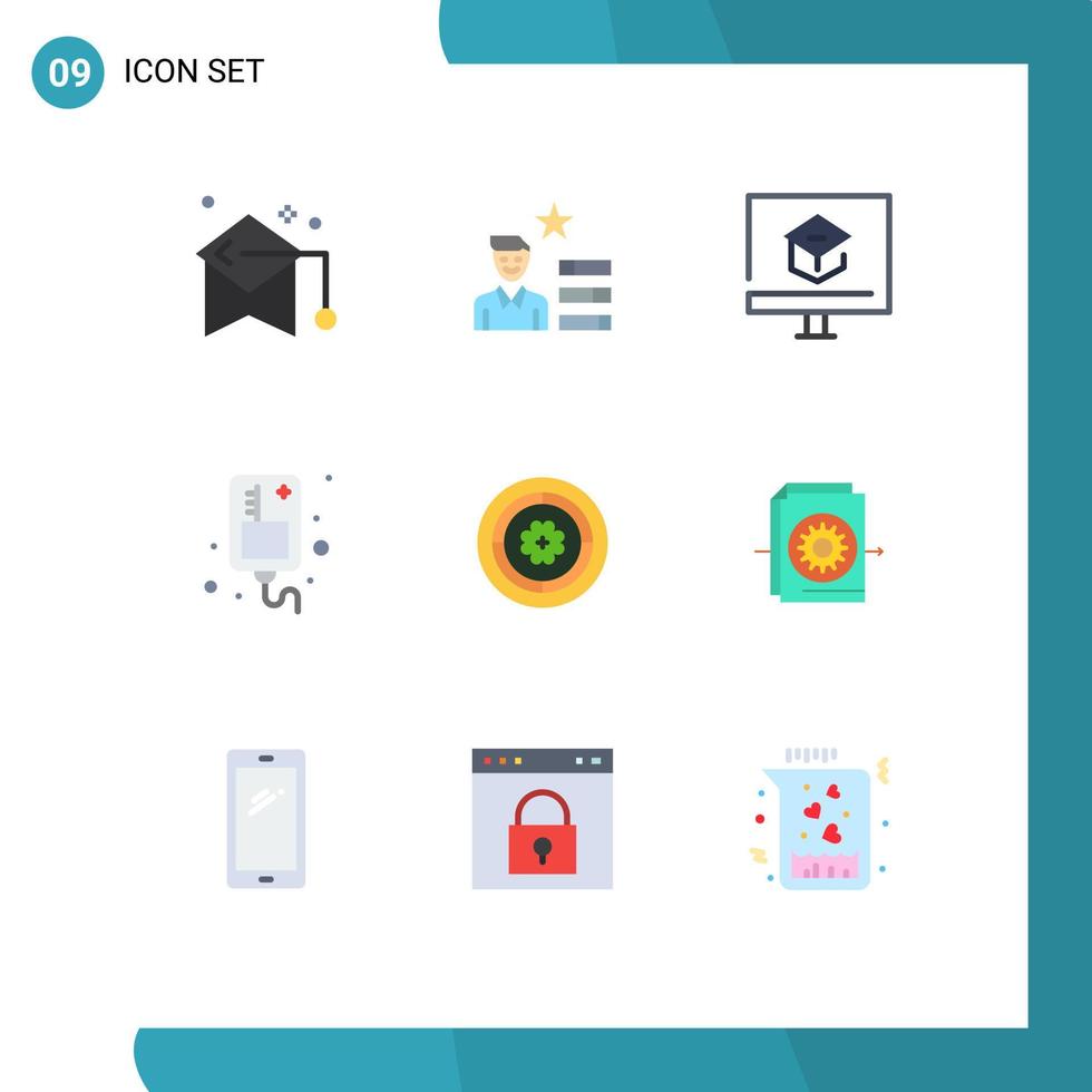 paquete de 9 signos y símbolos de colores planos modernos para medios de impresión web, como elementos de diseño de vectores editables en línea de goteo personal de infusión médica