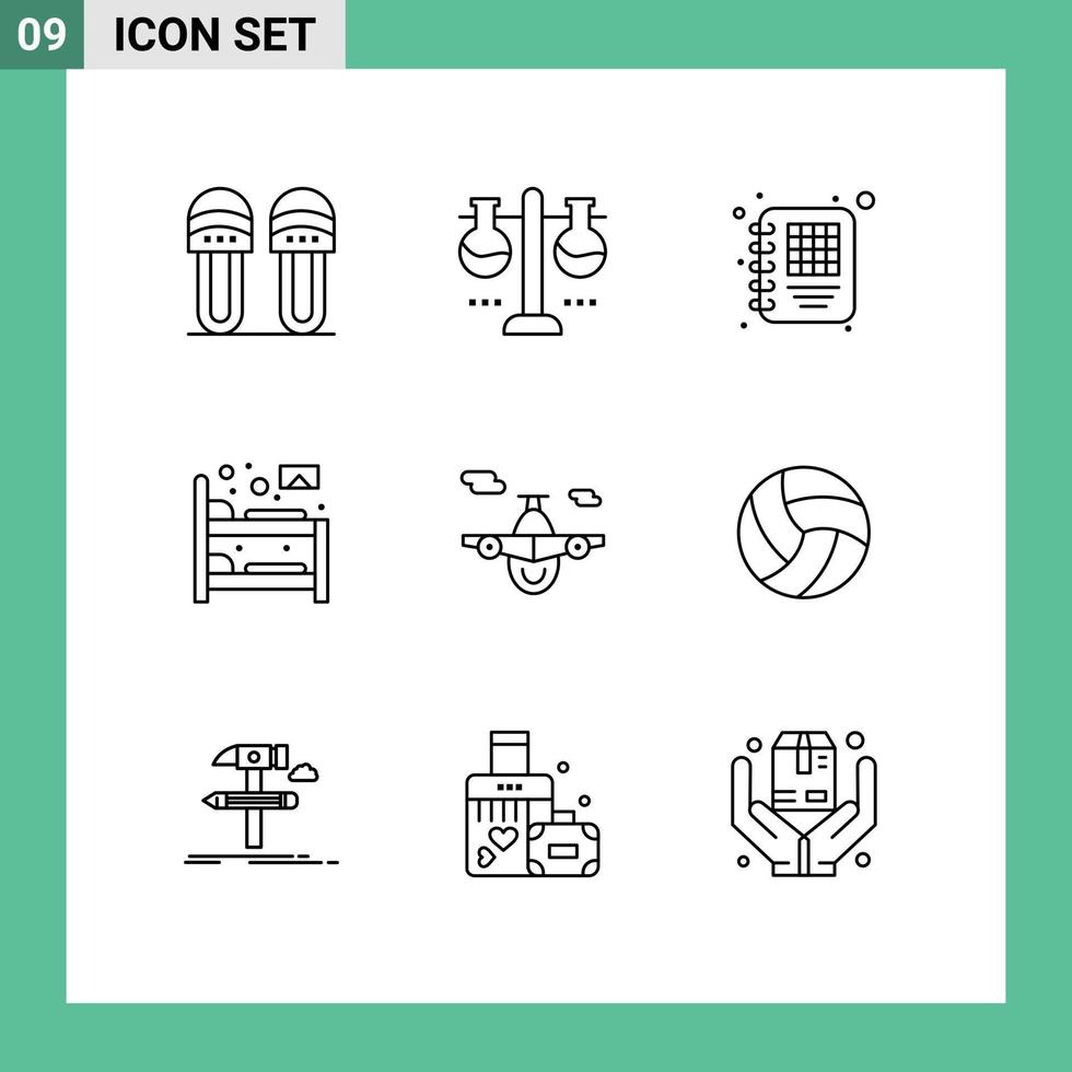 Pictogram Set of 9 Simple Outlines of plane sleep test tube hostel bed Editable Vector Design Elements